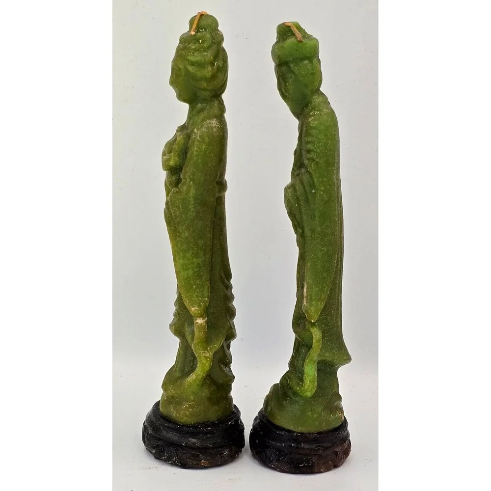 Vintage Ceremonial Jade Green Chinese Figure Carved Wax Candles Pair Unused